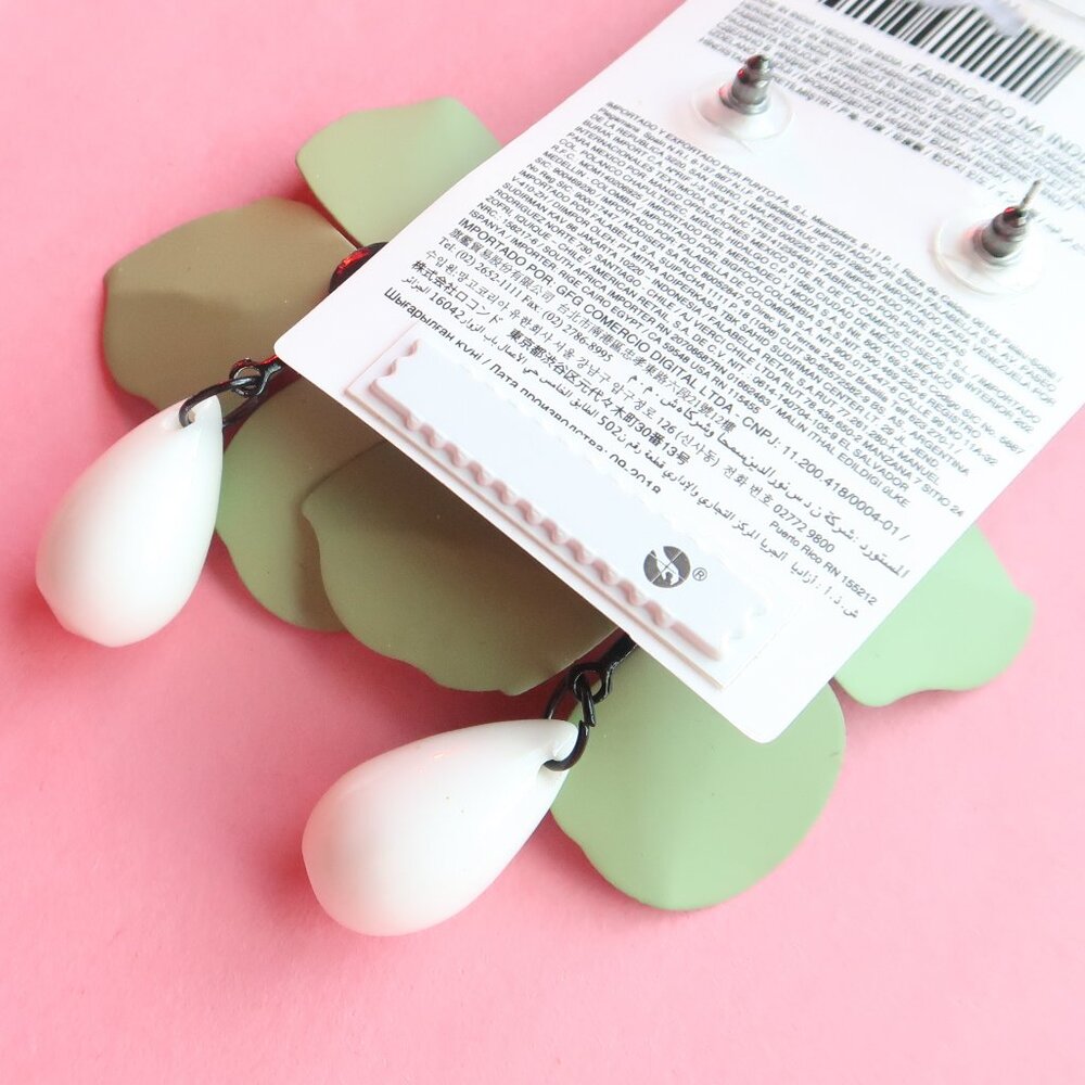 MANGO Floral Statement Drop Earring Fashion Jewelry Pastel Green Coral White Big - Picture 8 of 10